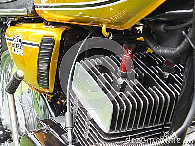 Close up of the engine and side cover of a vintage 1975 yamaha rd 200 motorcycle at hebden bridge annual vintage weekend Editorial Stock Photo