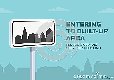 Close-up of entering to built-up area sign. Reduce speed and obey speed limit. Vector Illustration