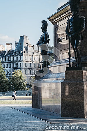 Close up of equestrian statue of the Duke of Wellington, London, UK, people walk on background Editorial Stock Photo