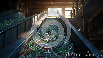 Close-up of Escalator with a pile of plastic bottles at the factory for processing and recycling. Recycling plant Stock Photo