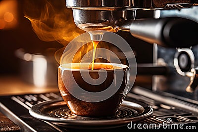 Close-up of espresso machine in action, pouring a freshly brewed steaming cup of rich arabica coffee Stock Photo