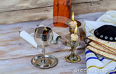 Close up of eve passover jewish holiday passover matzot and tallit the substitute for bread on the Jewish Passover Stock Photo