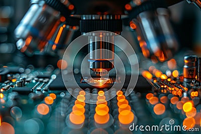 Close up examination of microchip transistor samples under microscope for microprocessor production Stock Photo