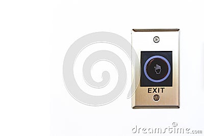 Close up exit button sensor access control with white hand symbol and blue circle isolated on white wall background. Push button s Stock Photo