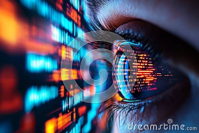 close up of eye reflecting vibrant digital elements and binary code, symbolizing technology and data. intricate details evoke Stock Photo