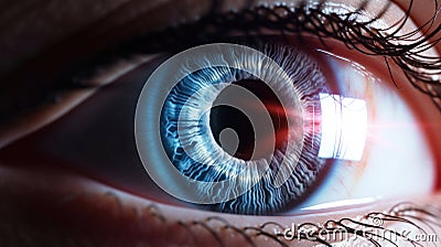 Close up of eye with reticle or target overlay, also useful for conveying Lasik procedures. Concept of laser eye surgery for Stock Photo