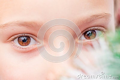 Close-up eyes of the baby near the Christmas tree. Careful focused look_ Stock Photo