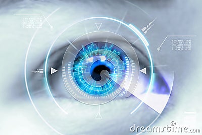 Close up eyes of technologies in the futuristic. : contact lens Stock Photo