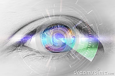 Close up eyes of technologies in the futuristic. : eye cataract Stock Photo