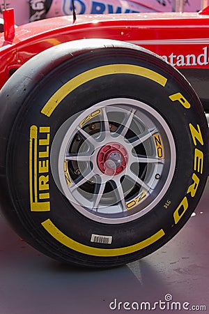 Close up of a F1 Pirelli Tire on a Ferrari. Editorial Stock Photo