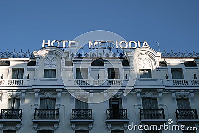 Close-up of the facade of the Hotel Mediodia in Atocha. Stock Photo