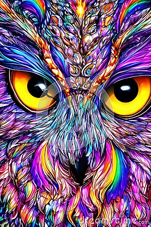 Close-up of the face of an owl with wild eyes. Generative AI Stock Photo