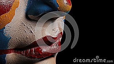 A close up of a face painted with clown makeup and red lips, AI Stock Photo
