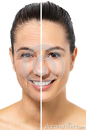 Conceptual female facial aging comparison. Stock Photo