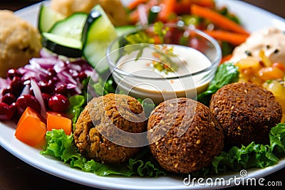 Close-up of falafel plate with assorted pickled vegetables, crispy falafel balls, and drizzled with tahini sauce Stock Photo