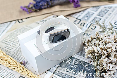 Close up of fancy luxury watch with box for men or women use for your health tracker Stock Photo