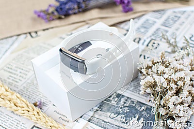 Close up of fancy luxury watch with box for men or women use for your health tracker Stock Photo