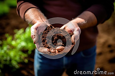 close-up farmer& x27;s hands holding soil sample, soil health in sustainable farming practices Stock Photo