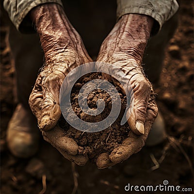A close-up of a farmer's weathered hands holding dry soil, emphasizing the struggle for survival. Stock Photo