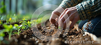 Close-up of farmer& x27;s hands planting hemp seeds in fertile soil among rows of young sprouted marijuana shoots in a Stock Photo