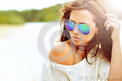 Close up fashion beautiful woman portrait wearing sunglasses Stock Photo