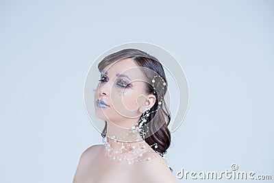 Fashion beauty portrait of glamour model with retro style wave haircut , bright creative smoky eyes and silver blue lips Stock Photo