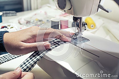 Close up fashion designer tailor clothing with sew equipment. Stock Photo