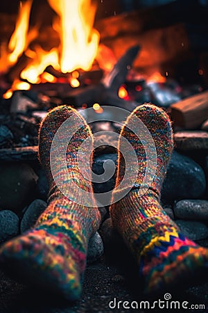 close-up of feet in fuzzy socks by a crackling campfire Stock Photo