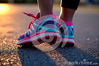 Close up feet of runner in sunlight, Generative AI Stock Photo