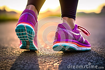 Close up feet of runner in sunlight, Generative AI Stock Photo