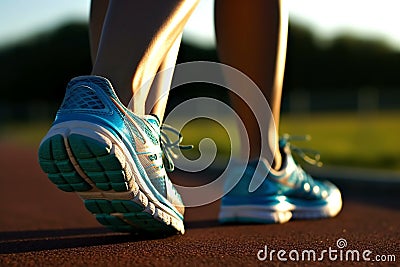 Close up feet of runner in sunlight, Generative AI Stock Photo