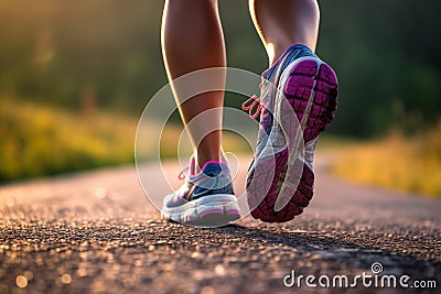 Close up feet of runner in sunlight, Generative AI Stock Photo