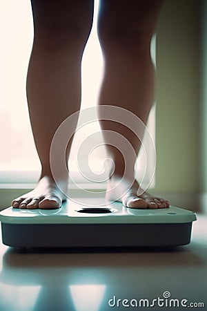 Close-up of Feet on Scale: Tracking Weight Loss Progress Stock Photo