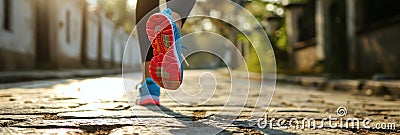 Close-up of feet in sneakers running. Low point of view. Colorful sparkling tones Stock Photo