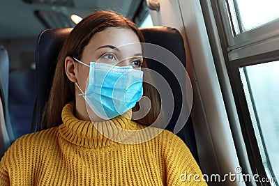 Close up of female commuter with surgical face mask looking through train window. Train passenger with protective mask travels Stock Photo