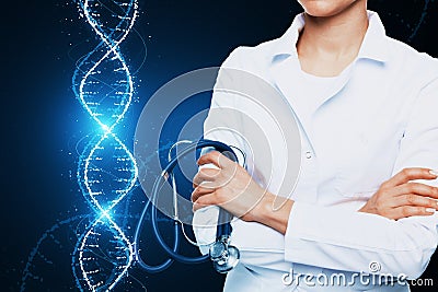 Close up of female doctor with folded arms and glowing DNA helix hologram on background. Medicine and bioengineering concept Stock Photo