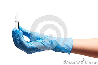 Close up of female doctor's hand in blue sterilized surgical glove holding transparent white glass ampoule with a drug Stock Photo