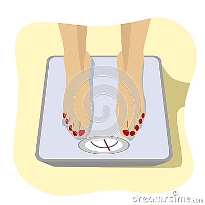 Close up of female feet standing on weight scale. Concept of weight loss, healthy lifestyles, diet, proper nutrition. Vector Illustration