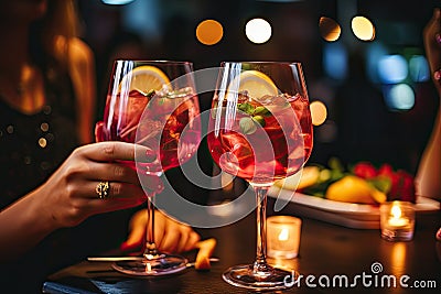 Close up of female hands with glasses of red cocktail in bar, Cropped image of female friends clinking glasses with cocktails at Stock Photo