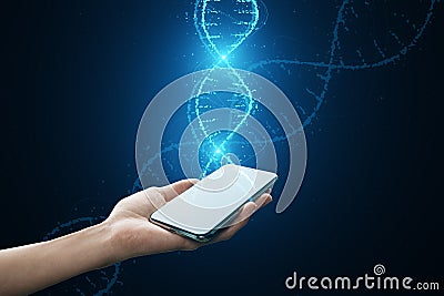 Close up of female hands holding cellphone with glowing DNA helix hologram on background. Medicine and bioengineering concept Stock Photo