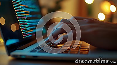 Close up of female hands while typing on laptop. displaying lines of colorful programming code on the screen. Stock Photo