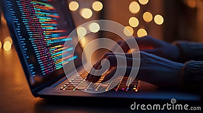 Close up of female hands while typing on laptop. displaying lines of colorful programming code on the screen. Cartoon Illustration