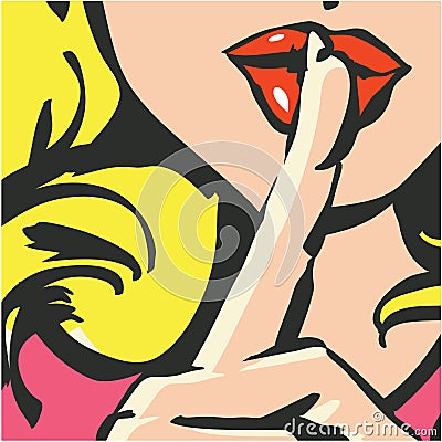 Close-up of female lips with index finger gesturing silence. Shh woman pop art poster. Shhh woman. Shh icon. Keep silence. Vector Illustration