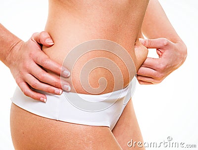 Close-up of female pinching skin belly Stock Photo