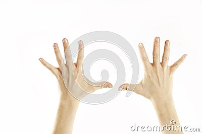 Close-up female tender hands on a white isolated background. Conventional labeling Stock Photo