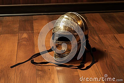 a close-up of a fencing mask and foil on a wooden floor Stock Photo