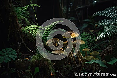 close-up of ferns and mushrooms in dark rainforest Stock Photo