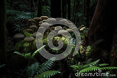 close-up of ferns and mushrooms in dark rainforest Stock Photo