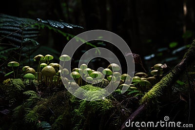 close-up of ferns and mushrooms in dark rainforest Stock Photo