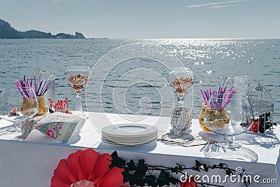 Close up Festive Served Table by the Sea Stock Photo